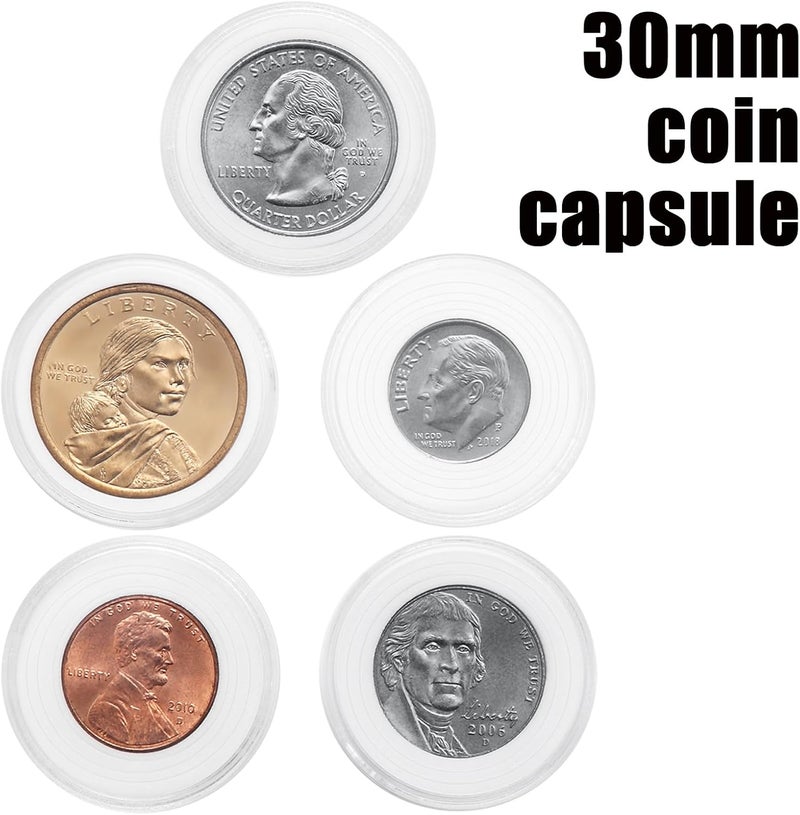 MUQING 240 PCS 30mm Plastic Coin Capsule Holder, 5 Sizes Protect Gasket Coin Case for Collectors, Round Coin Collecting Supplies with Storage Box - Image 4